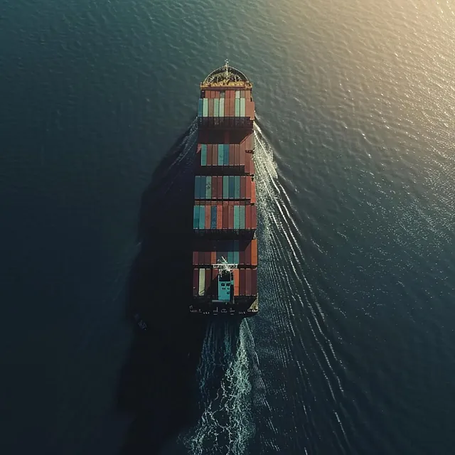 Containerskip sett ovenfra seiler over hav med spor i vannet og sollys som reflekteres.