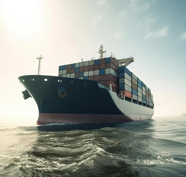 Stort containerskip sett forfra på åpent hav, med containere stablet og by i horisonten.