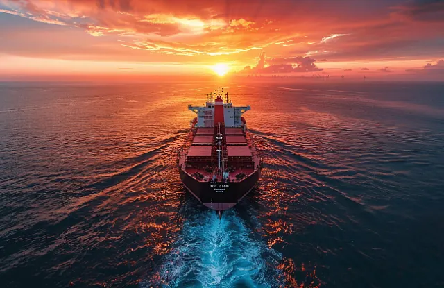 Containerskip sett bakfra i solnedgang, med fargerik himmel og kjølvann som sprer seg.